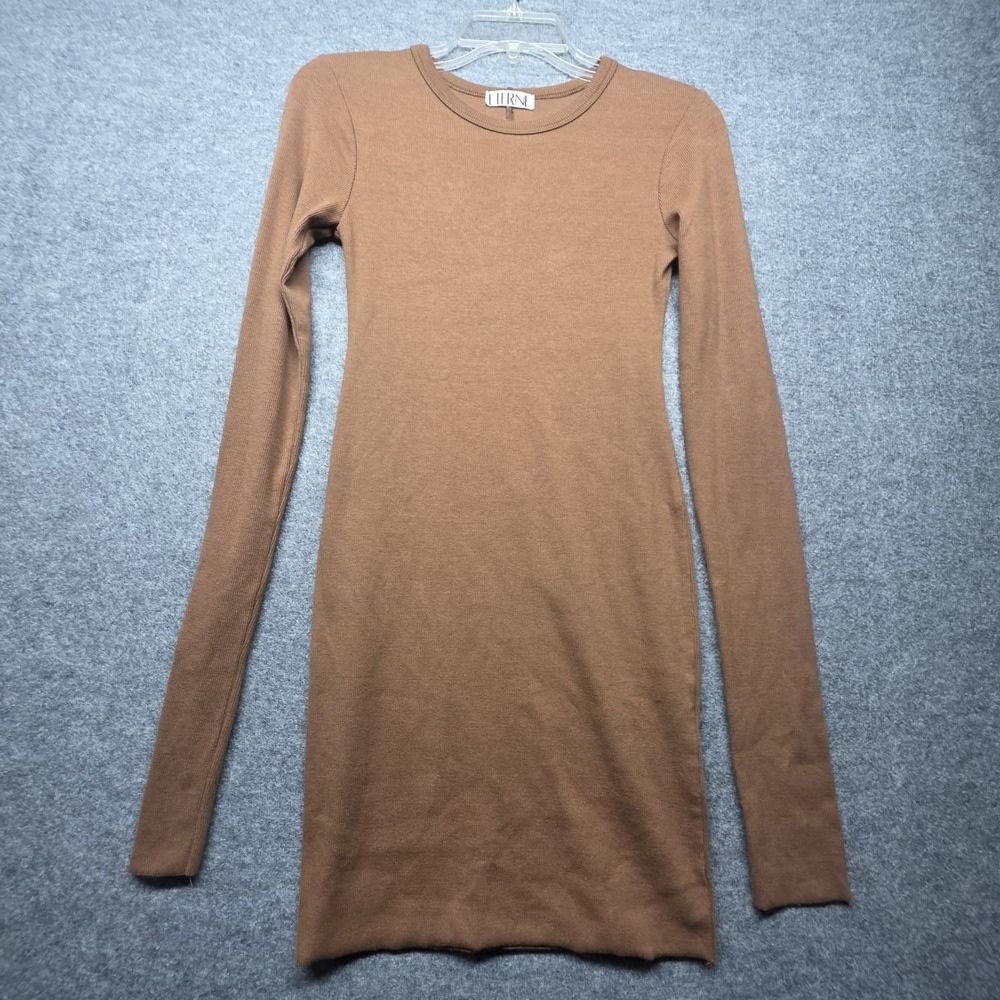 ETERNE Women's Long Sleeve Fitted Ribbed Top Brown Tan Stretch Crew Neck Size M